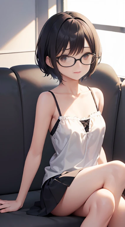 (table top, highest quality, Capture the cutest moments, Depth of bounds written, super detailed, ultra high resolution, C4D, octadale, 3D modeling, 8K, 16K, black haired、short hair、straight hair、light brown eyes,hair ornaments、wearing black glasses、laughter)、 dress、hole　short skirt　on the train　sitting　　whole body　long shot　camisole