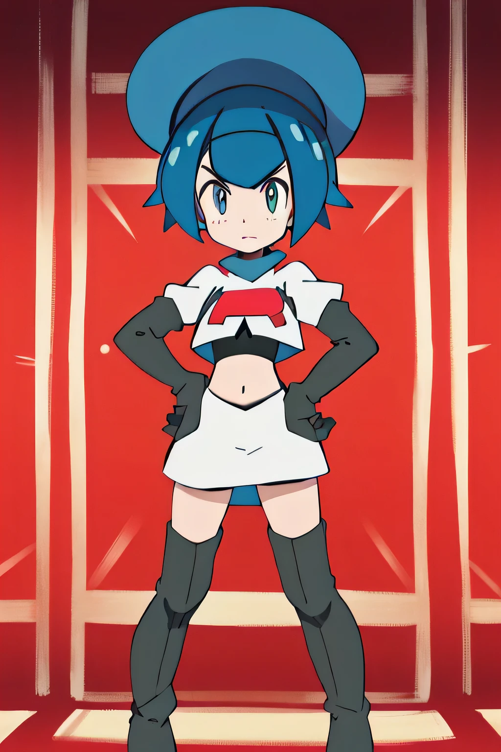 masterpiece,best quality,highres,ultra-detailed,aaevelyn,eyelashes,blue eyes,blue hair,short hair,middle part,top hat,cowboy shot, team rocket,team rocket uniform, red letter R, white skirt,white crop top,black thigh-highs,black elbow glovesteam rocket uniform, red letter r, white skirt,white crop top,black thigh-high boots, black elbow gloves, glaring angrily, looking at viewer, hands on hips, full body seen
