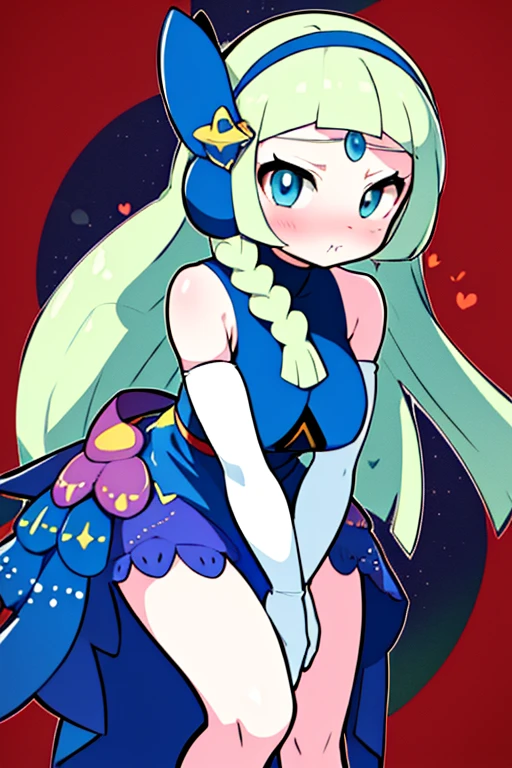 high quality, masterpiece, facing forward, big tits, thick thighs, leaning forward, bent over, hands on cheeks, pout, pouty face, puffy face cheeks, aalillie, long hair, braid, hairband, hair ornament, hair flower, bare shoulders, blue dress, sleeveless, elbow gloves, white gloves, 1girl, meloetta, pokemon \(creature\), mobface, blue eyes