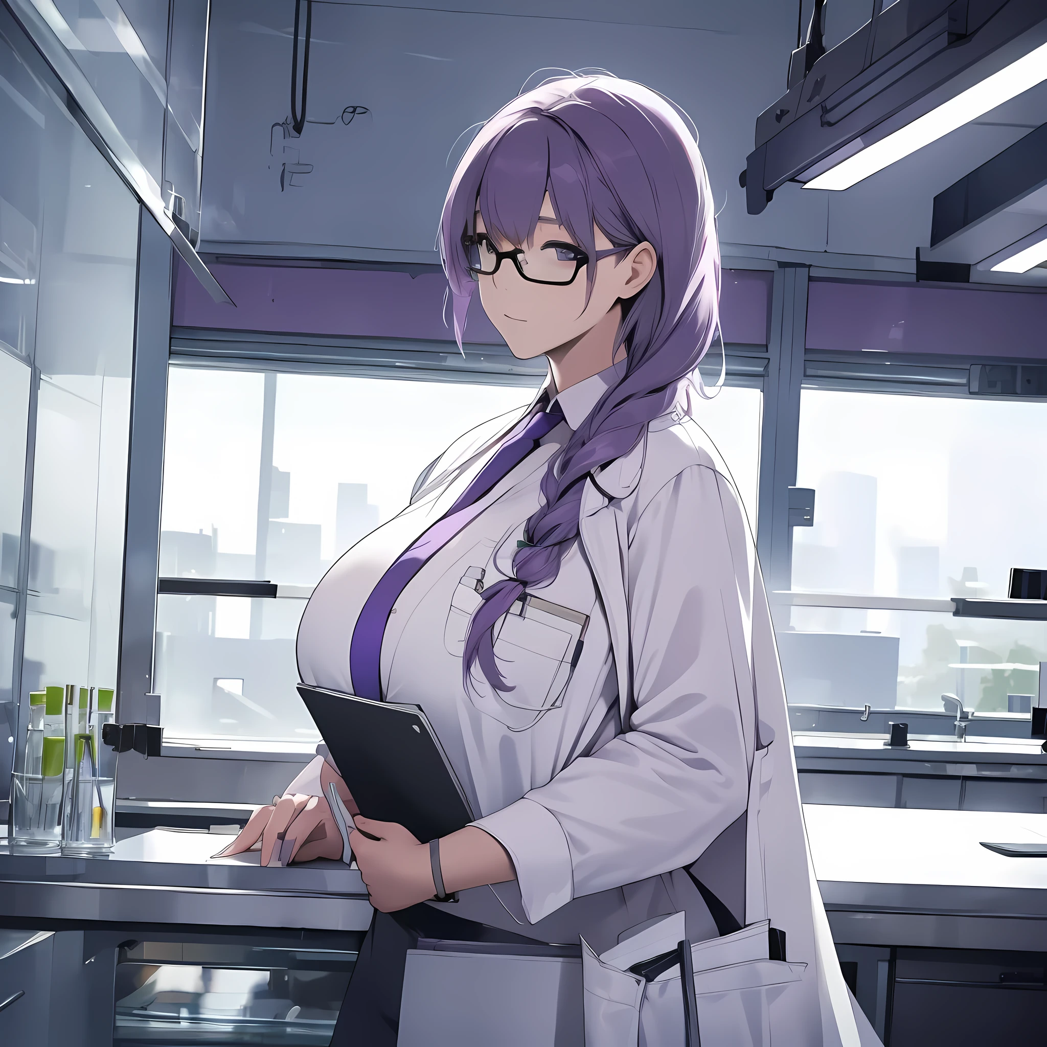 Mature female in laboratory holding a clipboard while looking out the window, purple hair, big breasts