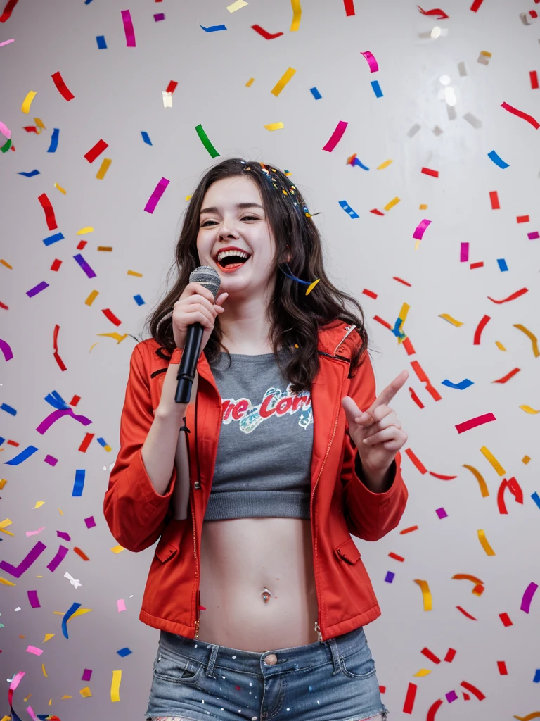 happy concert of cute woman pale skin,  casual clothes, red jacket, [[navel]], sing, holding microphone, confetti, on stage, white background, ((colorful confetti))