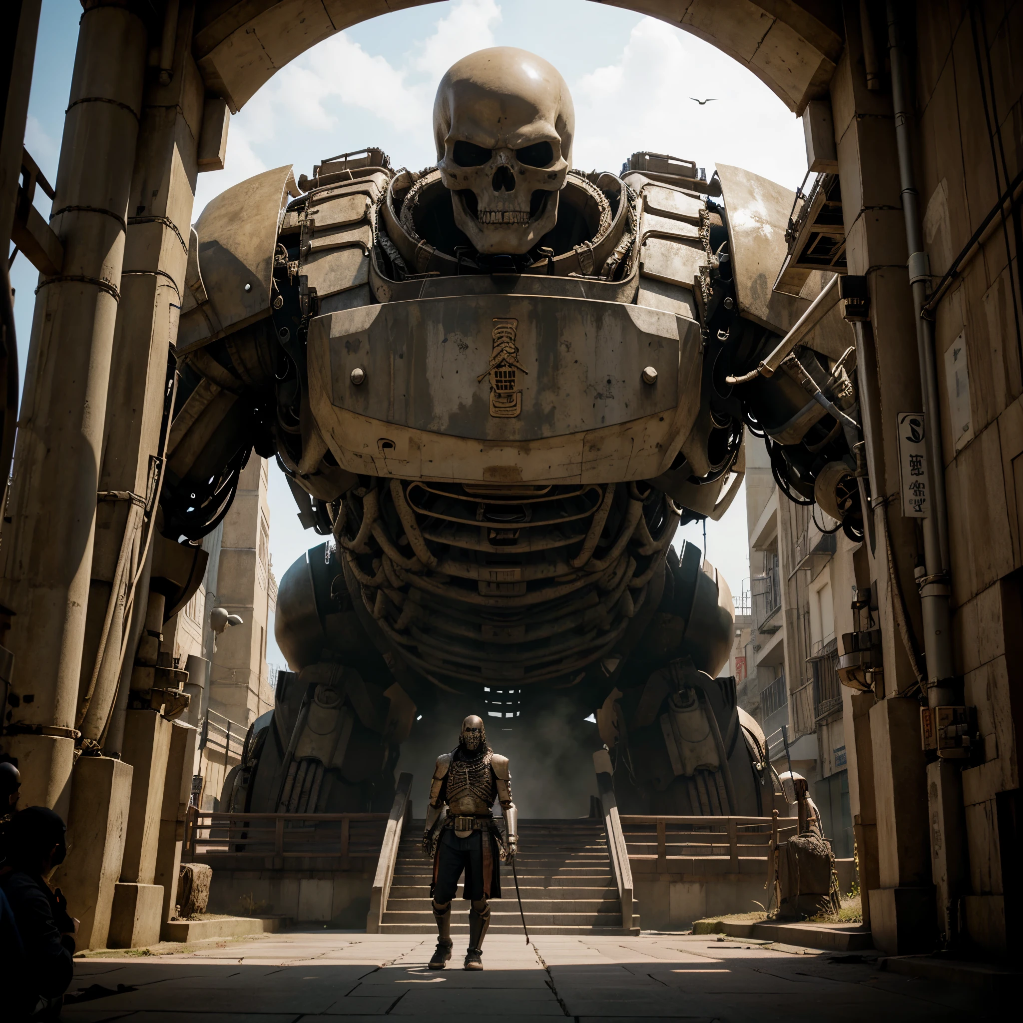 giant biological robot, samurai, skeleton face, giant skeleton, comic art