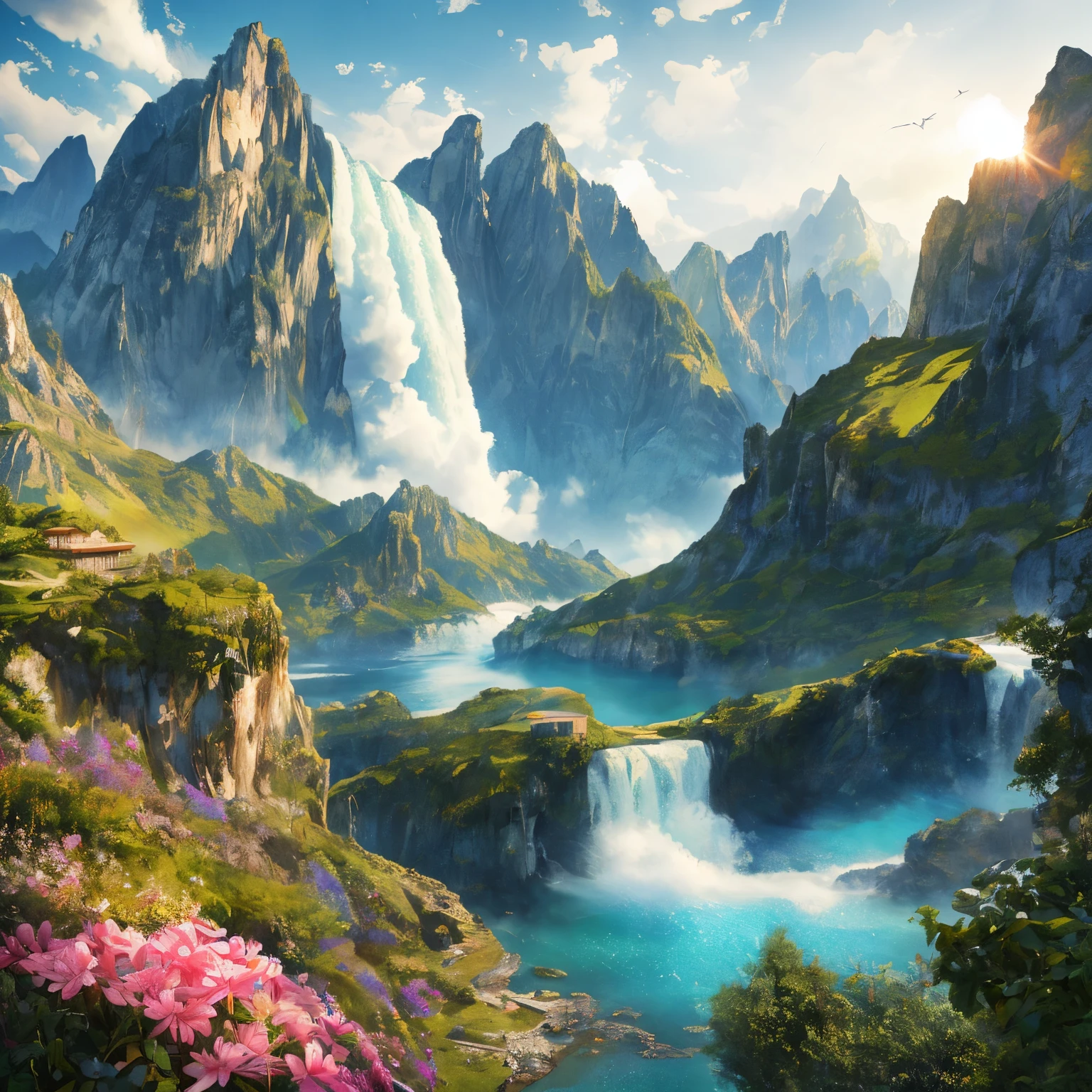 masterpiece, best quality, high quality, Extremely detailed CG unified 8k wallpaper, landscape, outdoor, Sky, cloud, Sky, no humans, Mountain, landscape, water, Tree, blue Sky, waterfall, cliff, nature, lake, river , cloudy skies, Award-winning photography, Bokeh, depth of field, human development report, bloom, Color difference, photorealism, Very detailed, Popular topics on Artstation, CGSociety's Hot Topics, complex, high detail, dramatic, midway art
