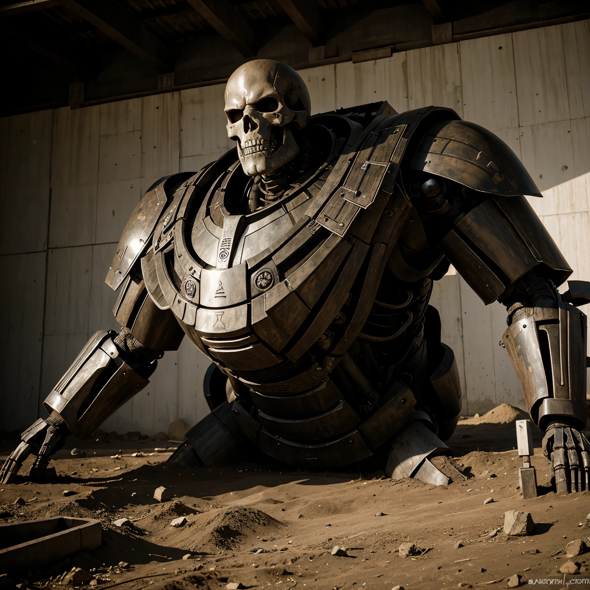 giant biological robot, samurai, skeleton face, giant skeleton, comic art