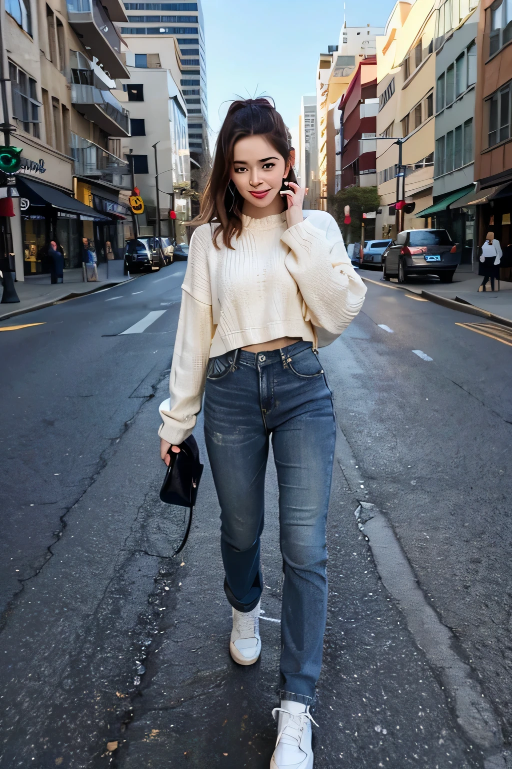 photo of nichameleon realistic, best quality, full body, sweater, jeans pants, street