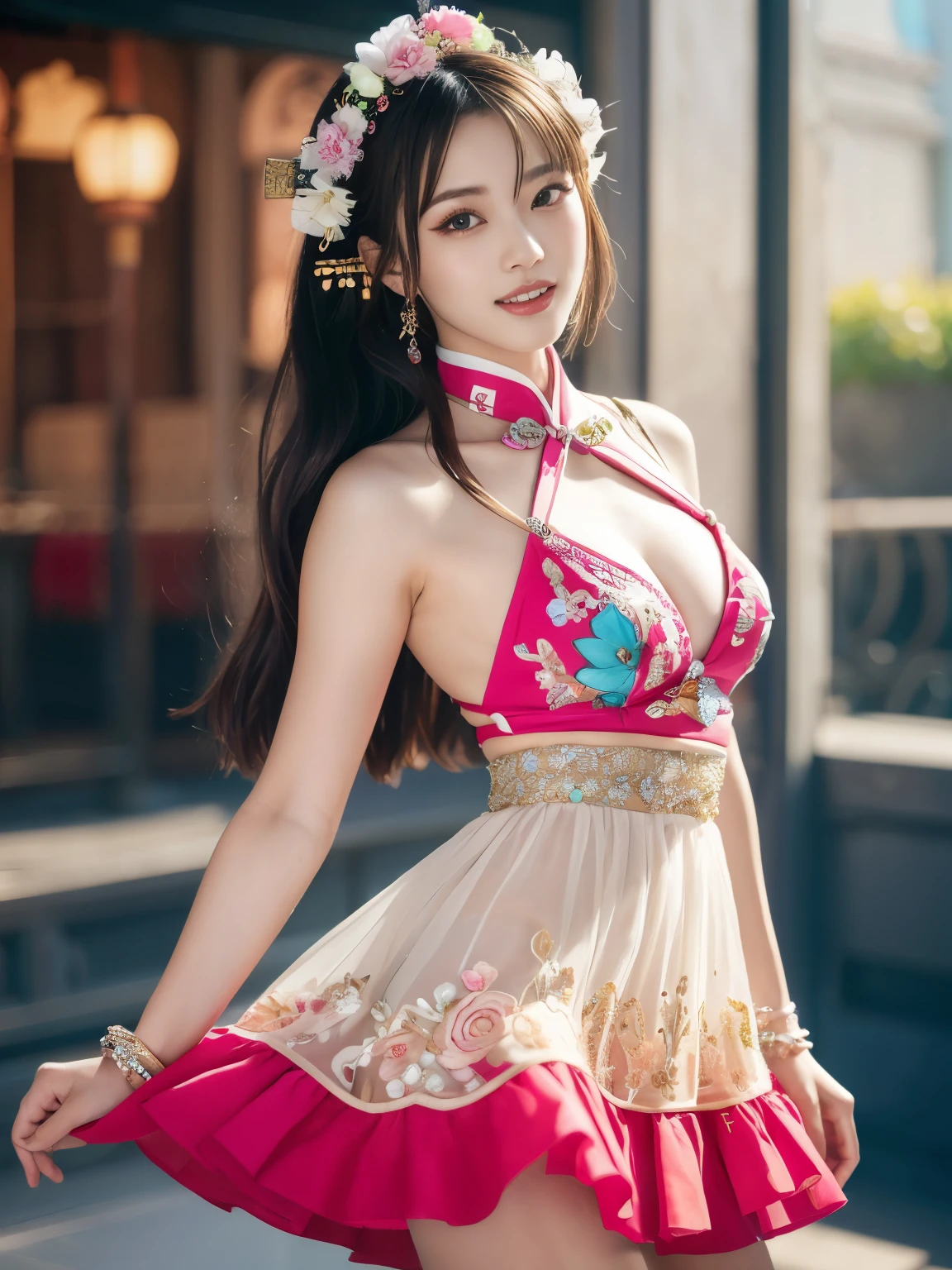 (masterpiece、highest quality、highest quality、official art、beautiful beautiful:1.2)、(1 girl:1.3)、smile gently、very detailed、(fractal art:1.1)、(colorful:1.1)(Floral:1.3)、most detailed、(tangled:1.2)、beautiful face、detailed face、perfect proportions、burst chest、big breasts thin waist、belly button、big ass、gap between crotches、thick tight、(dynamic pose)、(abstract background:1.3)、(qipao dress:1.2)、(shiny skin)、(lots of colors:1.4)、、(earrings:1.4)、1 female、Plump body shape、revealing costumes、おbelly buttonが露出した衣装