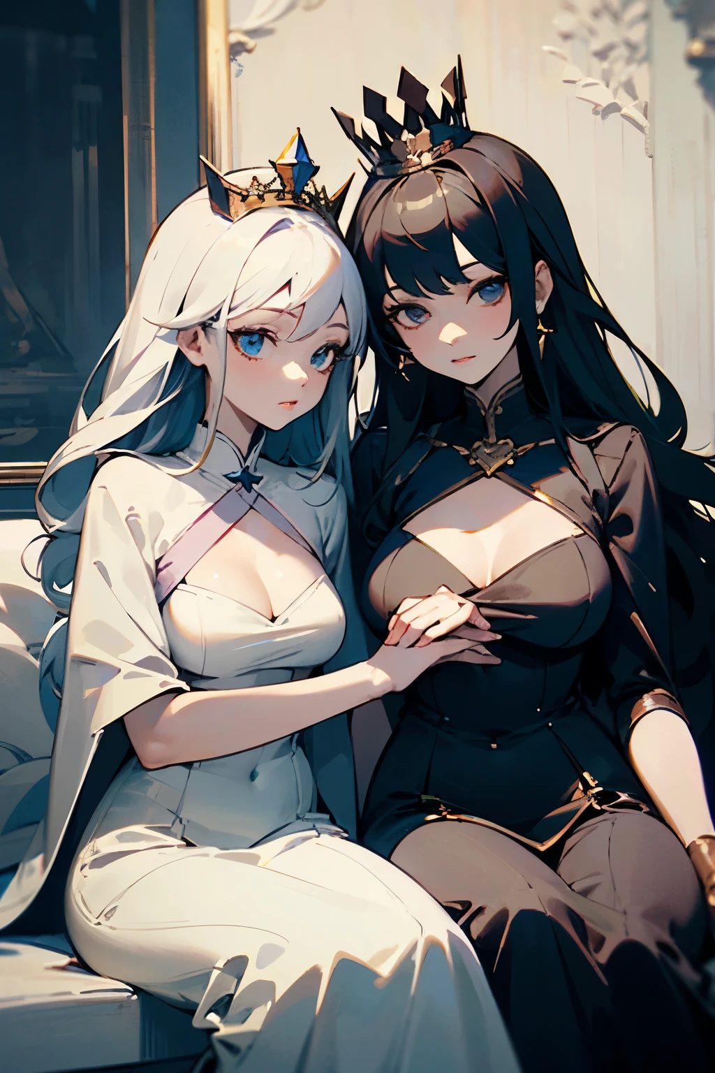 Two girls sitting side by side,A girl wears a crown and looks dignified,The other one is plainly dressed without a crown and looks pale.。((best quality)), ((masterpiece)), (detailed), perfect face