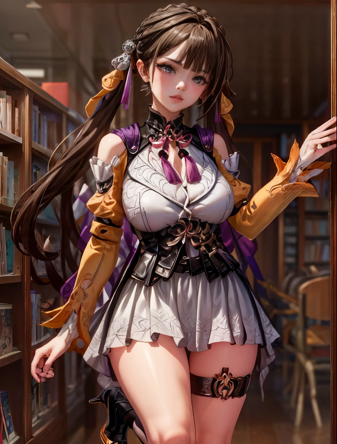((波浪形的white色长发):1.3,Beautiful and delicate eyes,Perfect proportion,Eyes are bright,Light makeup,necklace,earring,Pink and moist lips),1 Noble beauty with big breasts,Reading books in the library,V gesture,Elegant and beautiful hairpins,white色波浪卷发,光腿和High heel,student,white衬衫搭配黑色百褶裙,white,High heel,red tie,Dignified and capable,((8k,masterpiece,realistically),(Ultra-detailed,Ultra-clear,Nature)