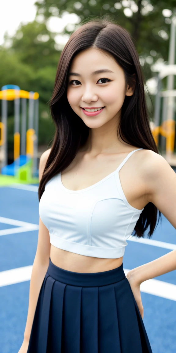 Neat female college student, small person, (suit, dark blue skirt, white camisole), outside the playground, (slim), realistic, detailed, skin texture, ultra detailed, delicate sexy clavicle, smile, super detaileded face, detaileded lips, detaileded eyes, double eyelid, narrow, belly button, small breasts, small breasts, small, small, flat chest