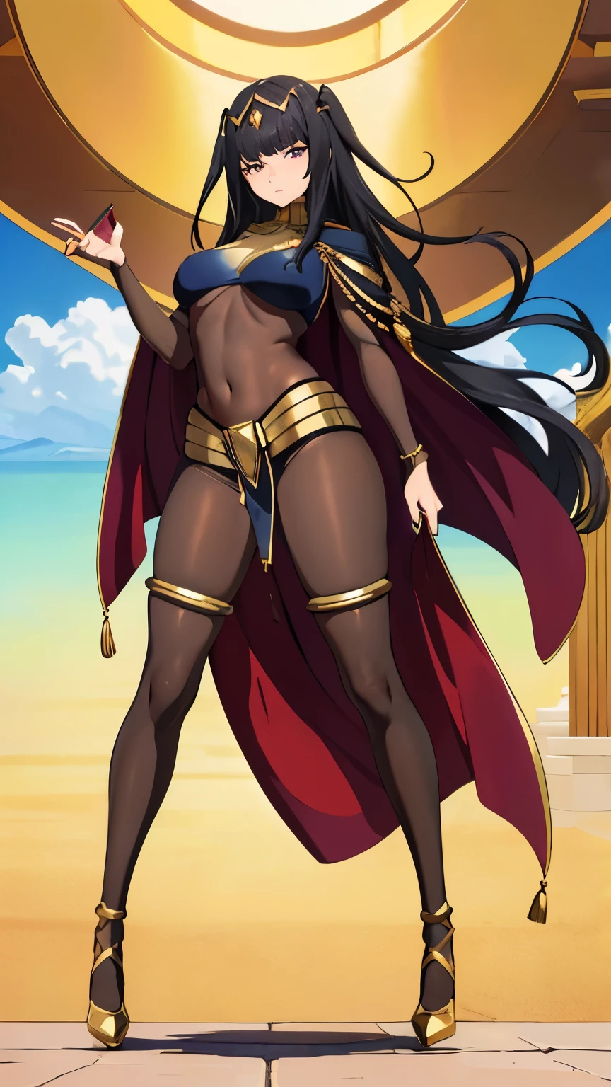(the golden ratio,masutepiece, of the highest quality, Best Quality, Beautiful and aesthetic:1.2), ighly detailed, Colorful,highest details, (Adults,age19,1girl in, Solo, Body stocking has gold lining, Gold collar, Gold loincloth, Hair Ornament, Cape, high-heels,Black full-body stockings, Black full-body stockings, Black full-body stockings, thighs thighs thighs thighs, TharjaV4, footjob,deride you,trample,footjob