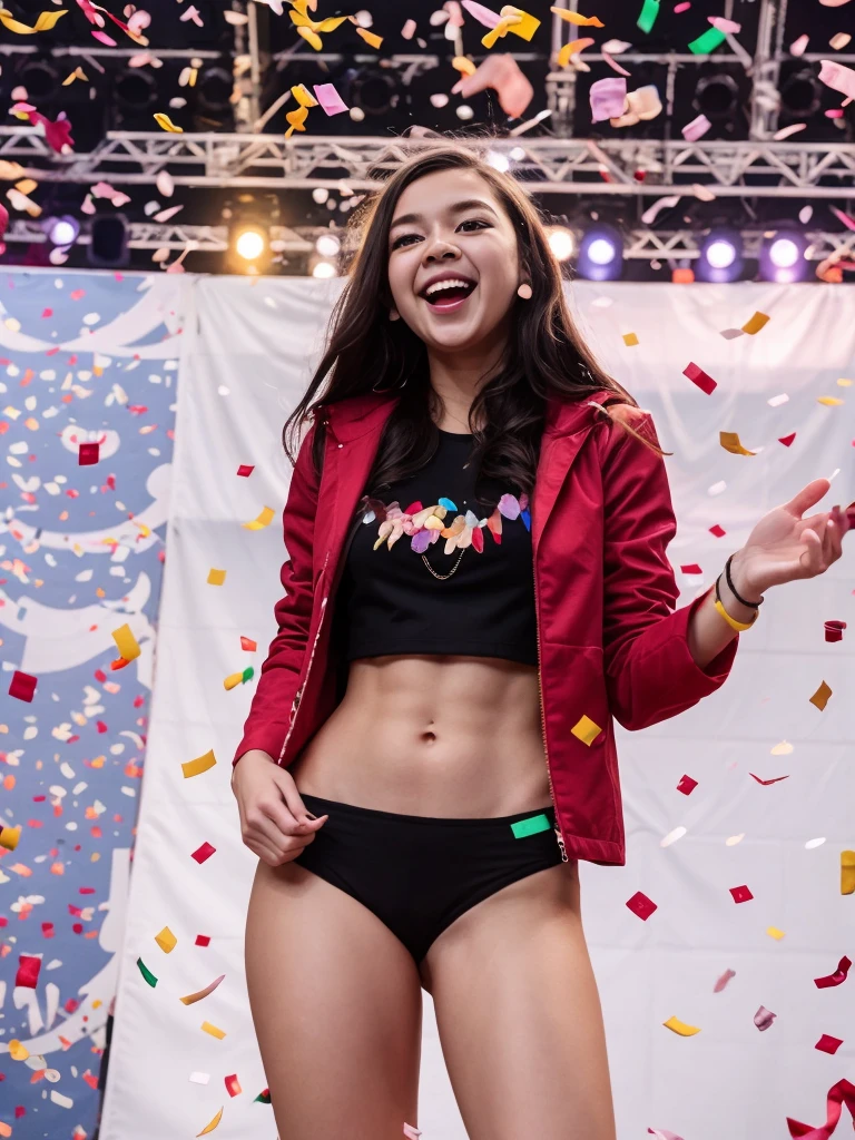 happy concert of cute woman pale skin,  casual clothes, red jacket, [[navel]], sing, holding microphone, confetti, on stage, white background, ((colorful confetti)), perfect hand, joyful