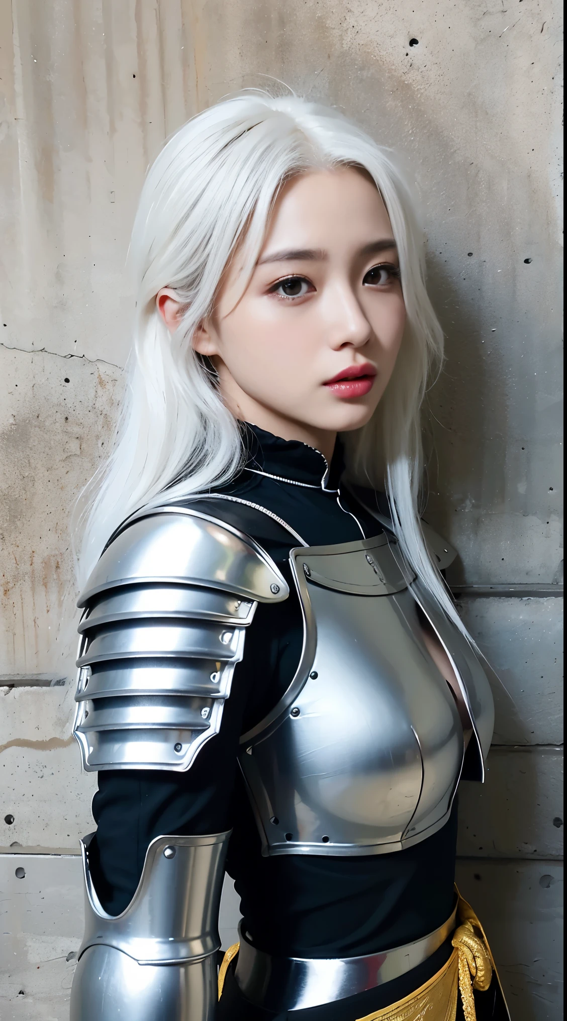 realistic, High resolution, 1 female, glowing skin, alone, wide lips,long hair,wavy hair, hip up,saggy breasts,small face,Anime character cosplay,Cosplayers,Costume costumes,white wall,concrete wall,background white,white hair,Color Contacts,with a big sword,wearing armor like a knight