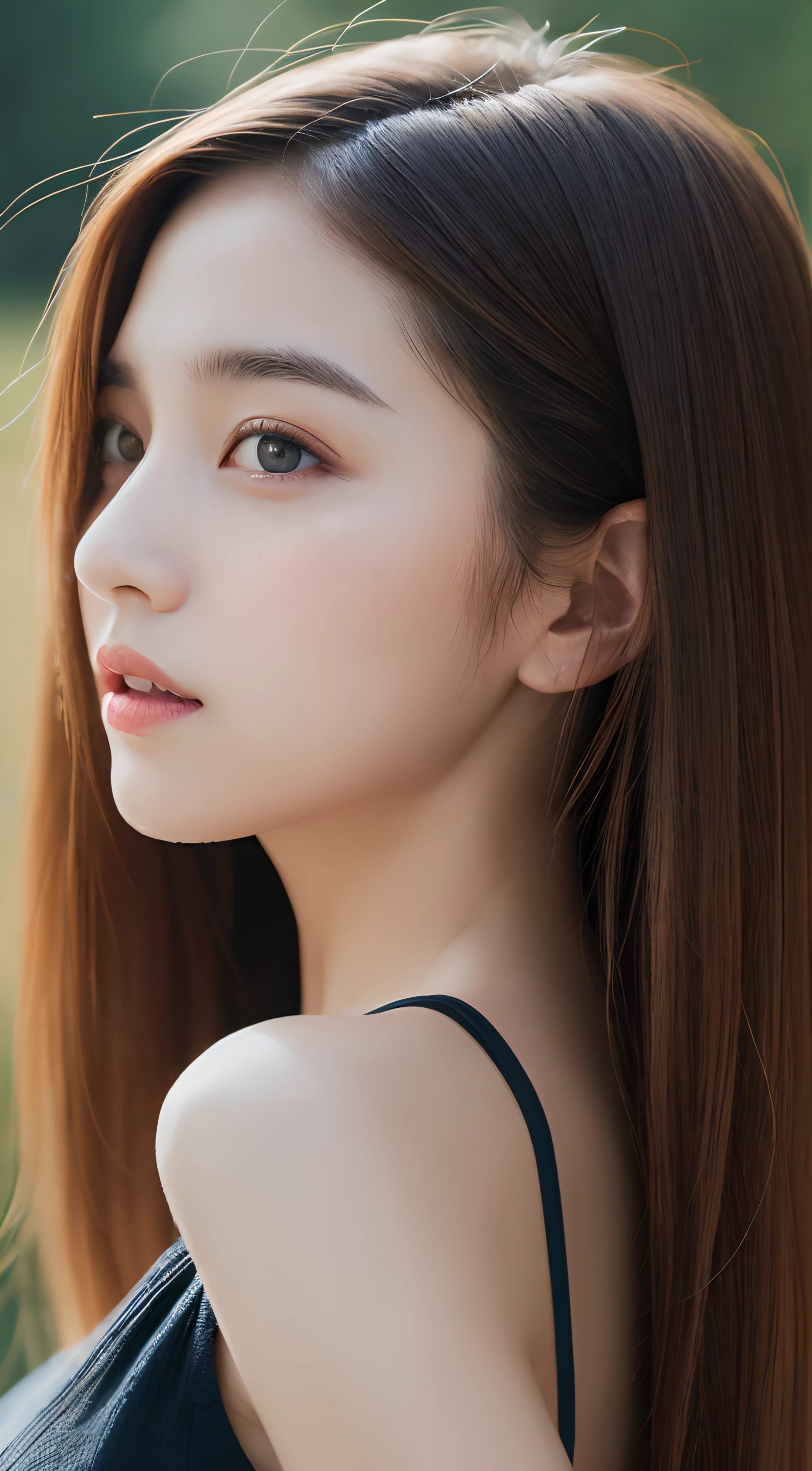 (detailed and realistic portrait oF a girl with a clean Face), (round eyes and long Flutters hair shot outside),Staring at the camera,amazing photography, dramatic lighting, photorealism, Super detailed, Intimate portrait composition, (Centered image synthesis),(close-up:1.6),best quality,F/1. 8, 85mm,((top quality, 8k, Masterpiece :1.3)), 1 lady, Beautiful woman emphasizing slim abdominal muscles :1.3, (Random hairstyle :1.2), oversized vest:1.2, hyper detailed Face, delicate eyes, double eyelids, armpit