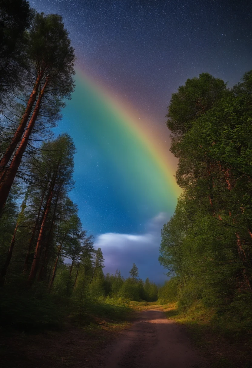 bosque en perspectiva magico con  colores purpura. cielo azul con nubes magicas blancas. con un arco iris de occidente a oriente.