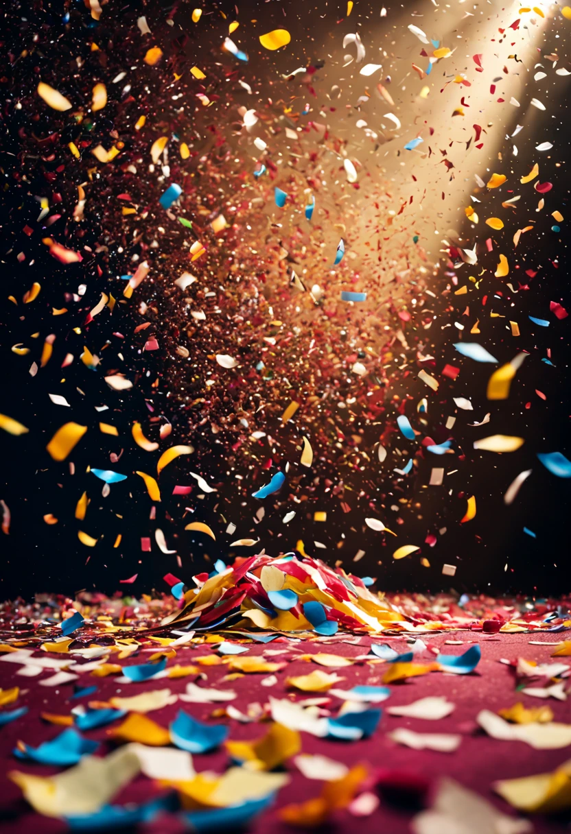 Colorful Confetti/confetti/colorful confetti.At the wedding scene, confetti comes with blessings like snowflakes.Best composition still life(best quality,4K,8k,high resolution,masterpiece:1.2),Super detailed,(actual,photoactual,photo-actual:1.37),（Super quality，super detailed，super complex，extremely complex）Soft and natural light and shadow.super wide angle, (Detailed texture),Background covered with film grain,