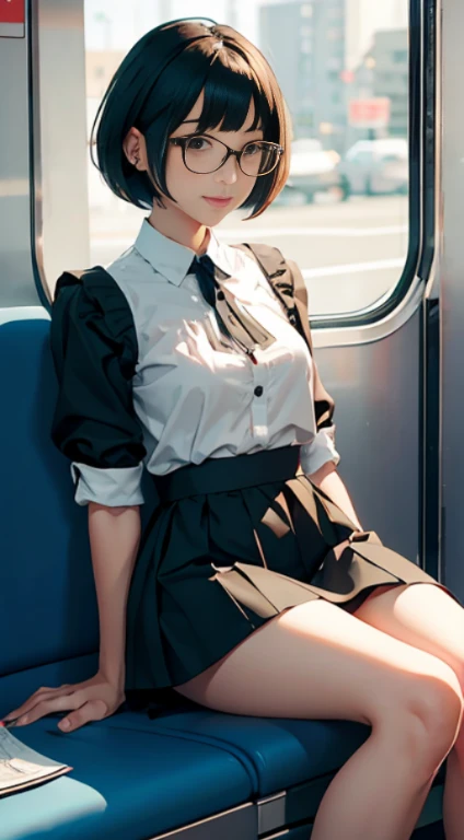 (table top, highest quality, Capture the cutest moments, Depth of bounds written, super detailed, ultra high resolution, C4D, octadale, 3D modeling, 8K, 16K, black haired、short hair、straight hair、light brown eyes,hair ornaments、wearing black glasses、laughter)、 dress、hole short skirt on the train sitting whole body long shot full body
