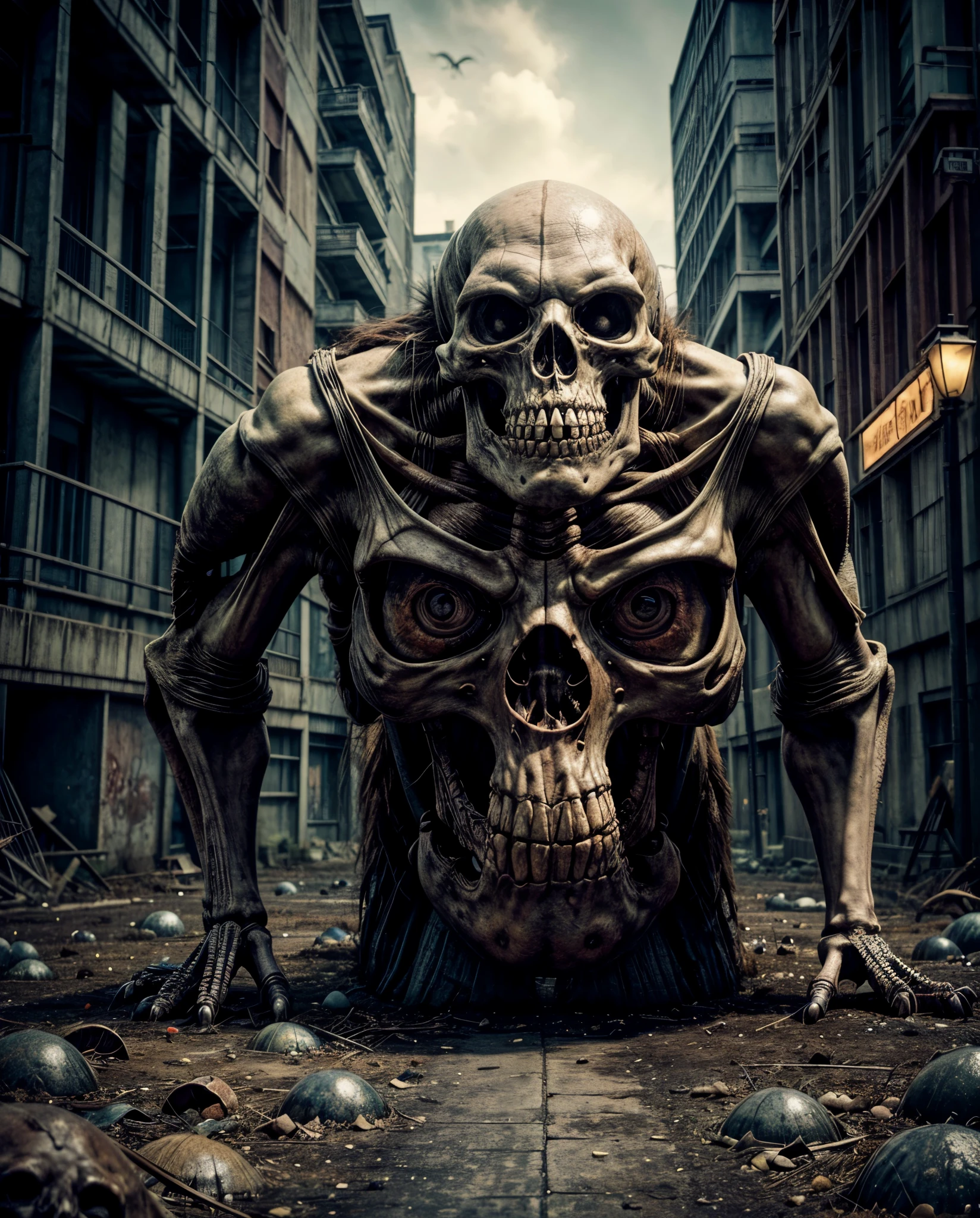 Create a captivating 3D geographical image that captures the essence of a post-apocalyptic world. In this picture a skull is created that captivates the viewer with one eye and its pupil. A dark world can be seen in his skull. The composition was intended to evoke a sense of duality, depicting the two opposing parts of the post-apocalyptic world. Additionally, incorporate elements of the double exposure tear, symbolizing the fragility and resilience of the human spirit. The i