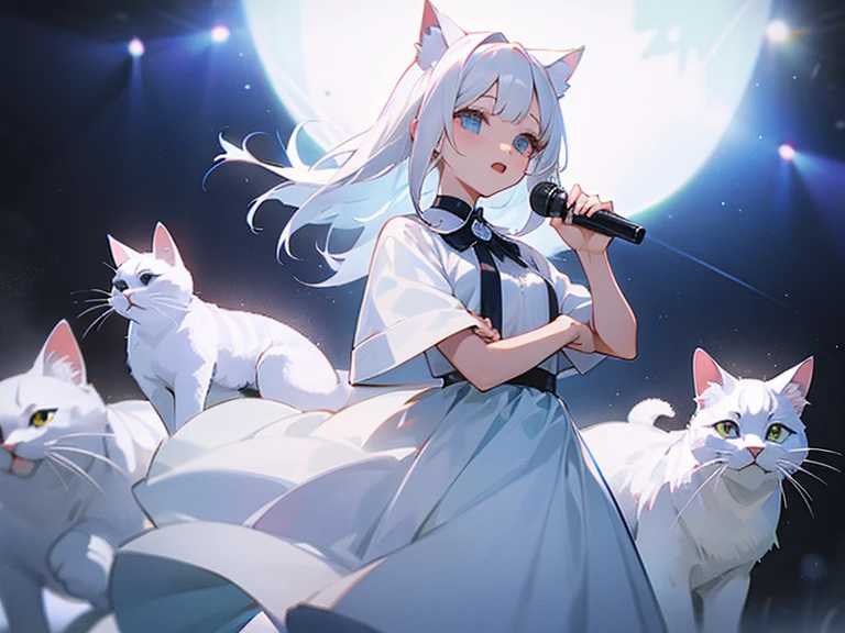 White haired girl with microphone wearing white dress with cats