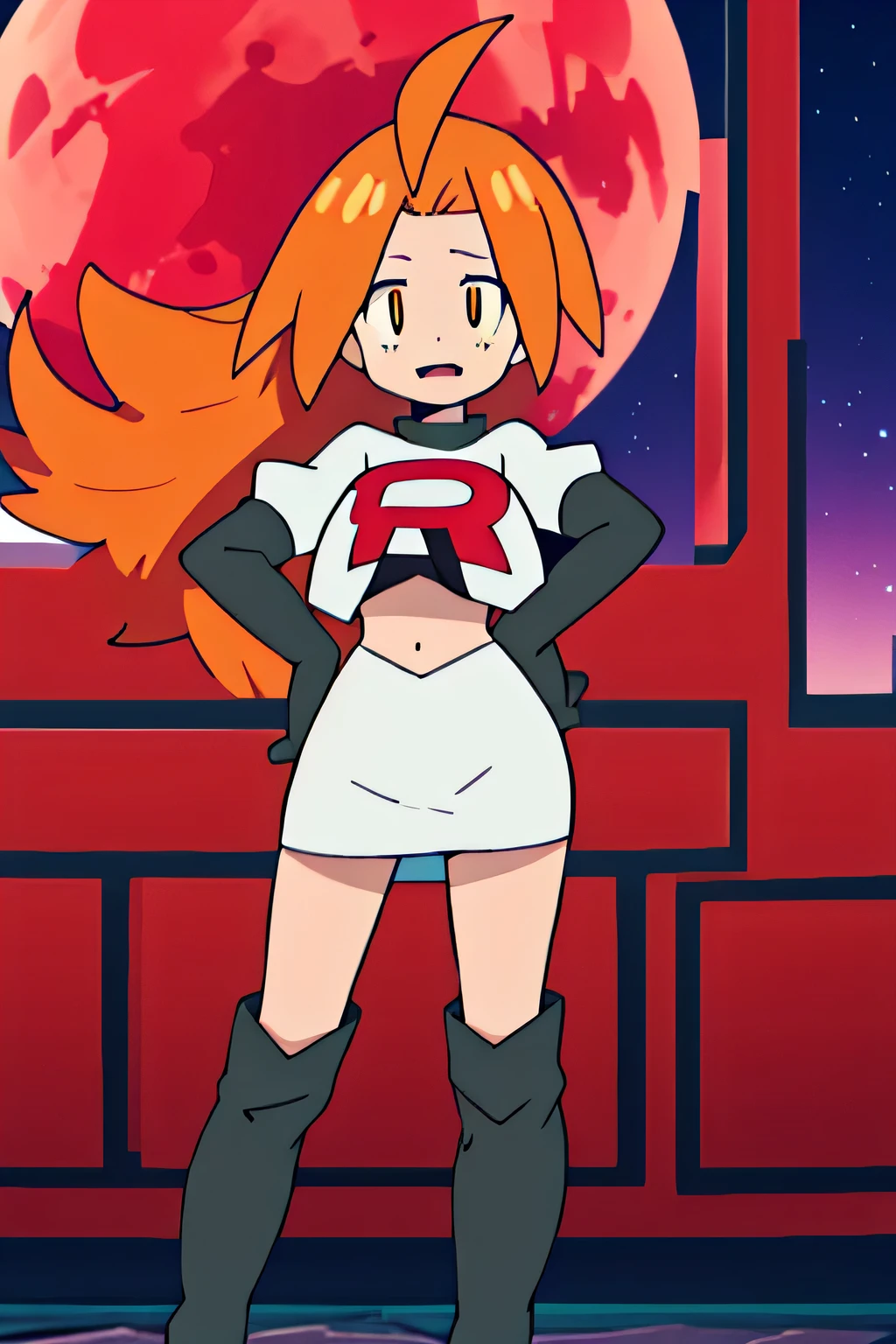 1girl, solo ,sonia, side ponytail,orange hair, heart hair ornaments, aqua eyes ,glossy lips, earings ,team rocket uniform, red letter R, white skirt,white crop top,black thigh-high boots, black elbow gloves, closed mouth, evil smile8k, masterpiece,highres,team rocket uniform, red letter r, white skirt,white crop top,black thigh-high boots, black elbow gloves, glaring angrily, looking down at viewer, hands on hips, cowboy shot, zettai ryouiki,from below, black panties,anime style, vivid colors, sharp focus, intense lighting,