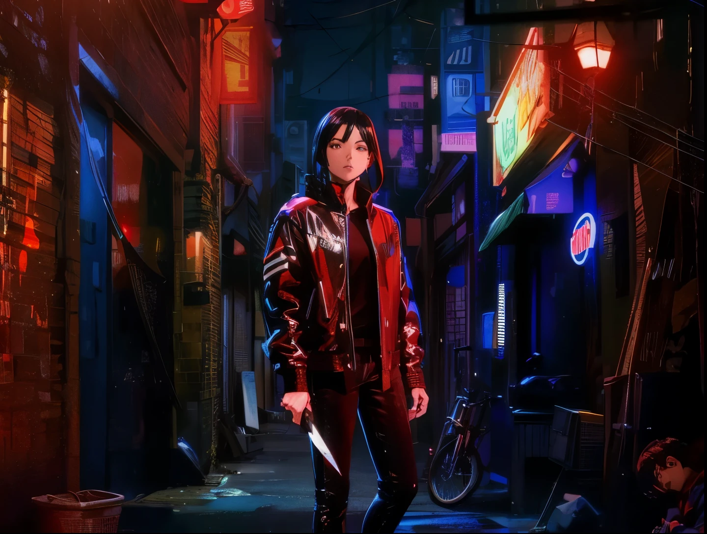 Asian black hair girl with jacket, shirt, pants and black shoes holding a knife in an alley with red and blue lights