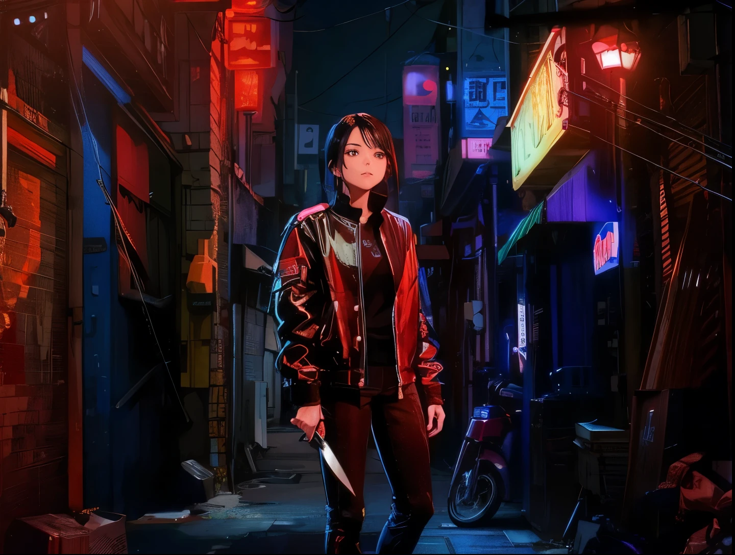 Asian black hair girl with jacket, shirt, pants and black shoes holding a knife in an alley with red and blue lights