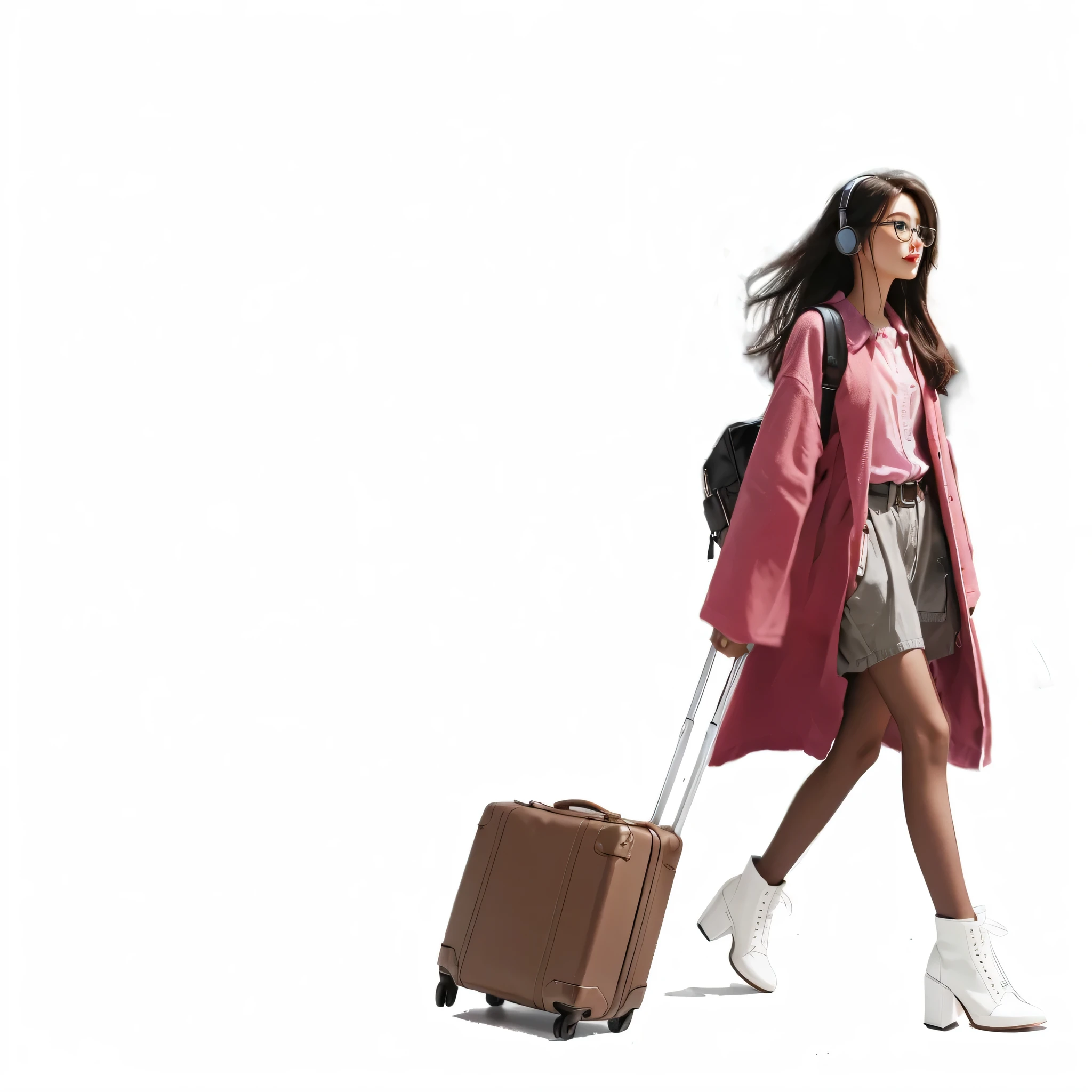 A woman in a pink coat is seen from the waist up, she is pink eye glass and headphone, wearing white boots, She is pulling a brown suitcase with her right hand.