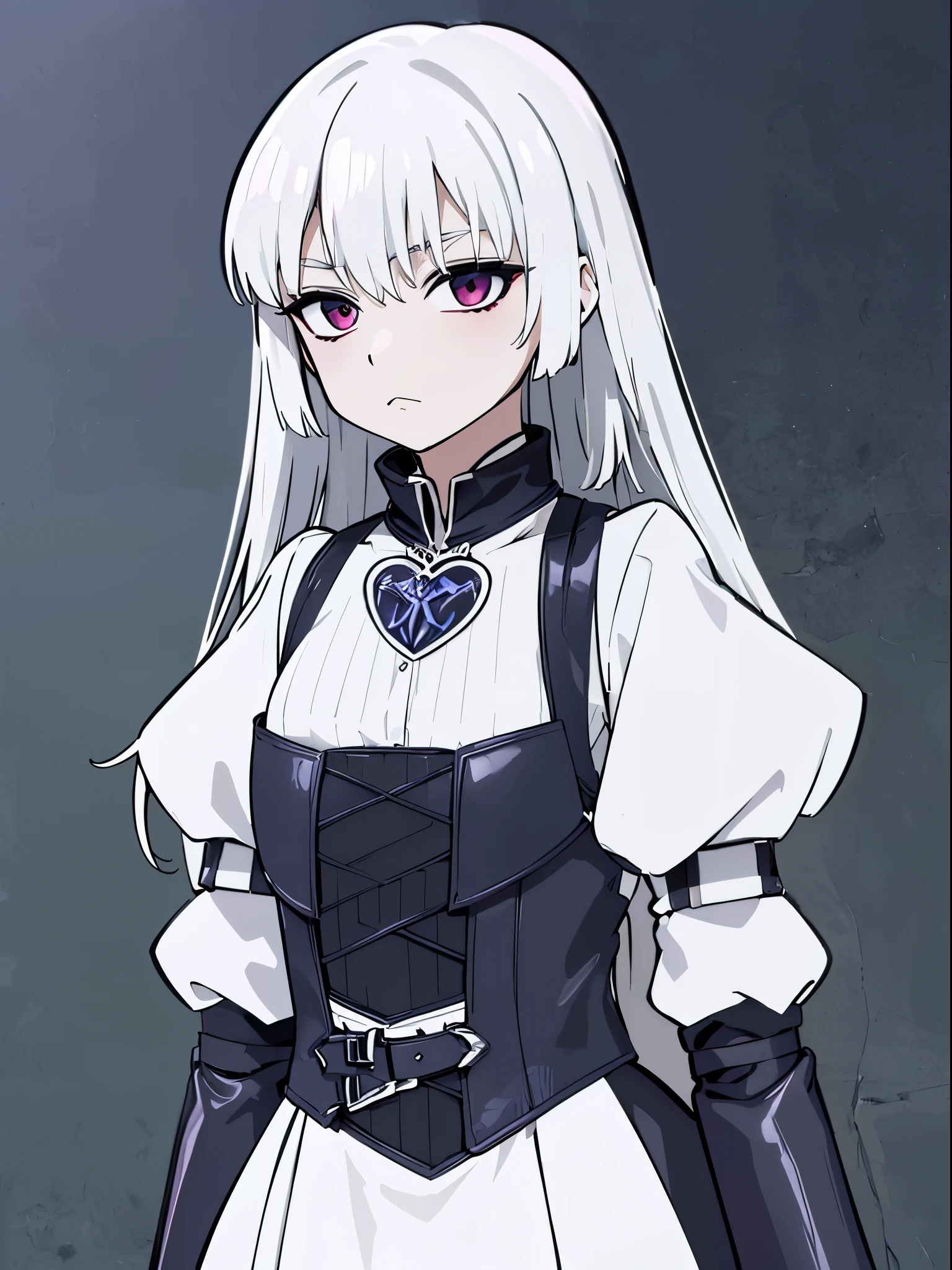 Elder sister,mature women.,Goth Maiden,((Gothic style)),((Flat Chest)),((Chest Armor)),Upper Body Armor,Knight's armor,Long white hair,(White hair),(White hair)