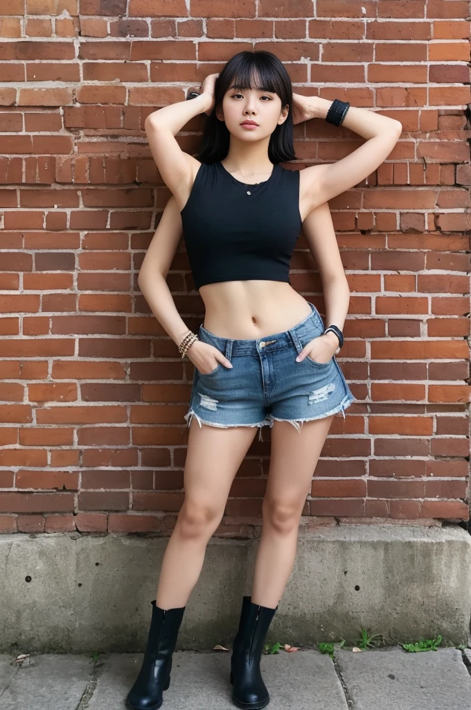 Dslr photo, (extraarms:1.2), (8k, 4k, masterpiece),beautiful pretty filipina asian woman, punk, outdoors, street, sleeveless black cropped shirt, denim shorts, alley, short dark hair, bracelets, arm bands, blurry background, (upper hands on head), (lower hands on hips), (lower hands on legs), (lower hands on pockets), boots, full subject in frame, full body view, standing by brick wall, leaning on wall, facing viewer, (extraarms:1.2), (four arms), slim body, foot on wall