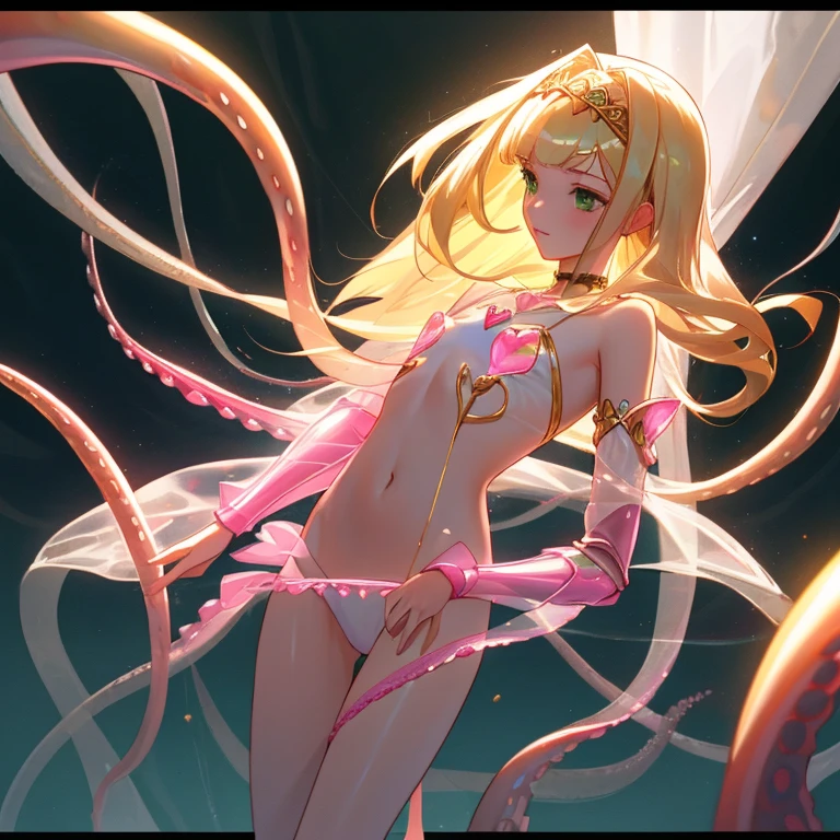 {{{{amazing quality, great quality, high quality, very aesthetic, aesthetic, best quality}}}},
realistic, photo, shadow, Three-dimensional, absurdres, Digital art,
{{{{Princess Knight}}}}, beautiful girl, one girl,
blonde hair, long straight hair, hair, trimmed hair, shiny hair, blunt bangs, short sideburns,
green eyes, tareme,
{{flat chest}}, {{small breasts}}, {{detailed body}}, slim thighs, thin thighs,
{transparent pink tentacles bikini armor}, {golden arm armor}, {golden leg armor},
{covered navel}, {visible chest}, {both shoulders expose},
heart brooch, heart-shaped choker on left arm, white headband, white circlet, white cloak, sword, Multiple transparent pink tentacles clings to the girl's chest, Multiple transparent pink tentacles clings to the girl's crotch, A girl wear multiple transparent pink tentacles, 身に纏う