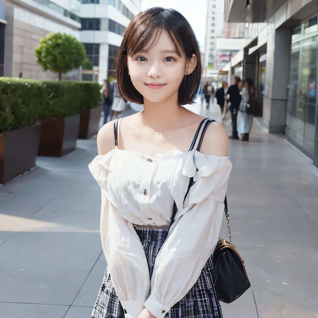 Highest image quality、highest quality、masterpiece、clear photo、Super high resolution、8K、immature、photo-realistic:1.4、professional lighting、cute high school girl、baby face、very short hair、Slender、moderate sized breasts、B cup bust、smile、wearing black coat、I'm wearing a cream-colored flared skirt、hang a shoulder bag diagonally、I'm at the mall