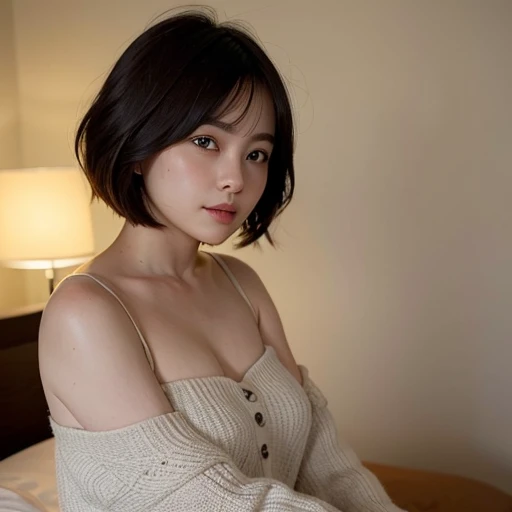 1girl, cute, sitting on bed, bedroom, detailed background, indoor, hires, (photorealistic:1.4), short bob hair, offshoulder, (in the dark, deep shadow,low key, cold light:1.1), diffused natural skin glow,