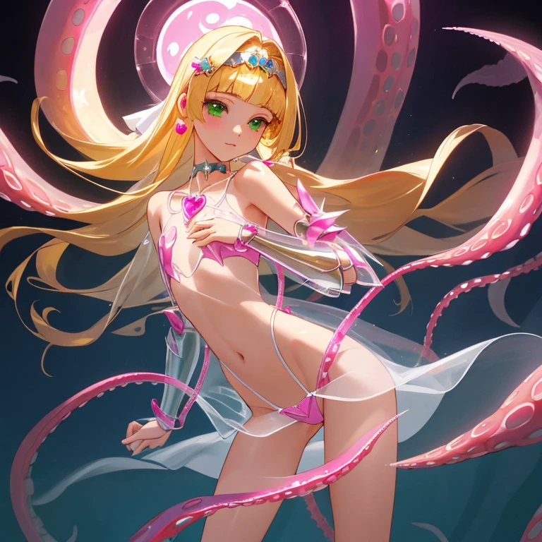 {{{{amazing quality, great quality, high quality, very aesthetic, aesthetic, best quality}}}},
realistic, photo, shadow, Three-dimensional, absurdres, Digital art,
{{{{Princess Knight}}}}, beautiful girl, one girl,
blonde hair, long straight hair, hair, trimmed hair, shiny hair, blunt bangs, short sideburns,
green eyes, tareme,
{{flat chest}}, {{small breasts}}, {{detailed body}}, slim thighs, thin thighs,
{transparent pink tentacles bikini armor}, {golden arm armor}, {golden leg armor},
{covered navel}, {visible chest}, {both shoulders expose},
heart brooch, heart-shaped choker on left arm, white headband, white circlet, white cloak, sword, Multiple transparent pink tentacles clings to the girl's chest, Multiple transparent pink tentacles clings to the girl's crotch, A girl wear multiple transparent pink tentacles, 身に纏う
