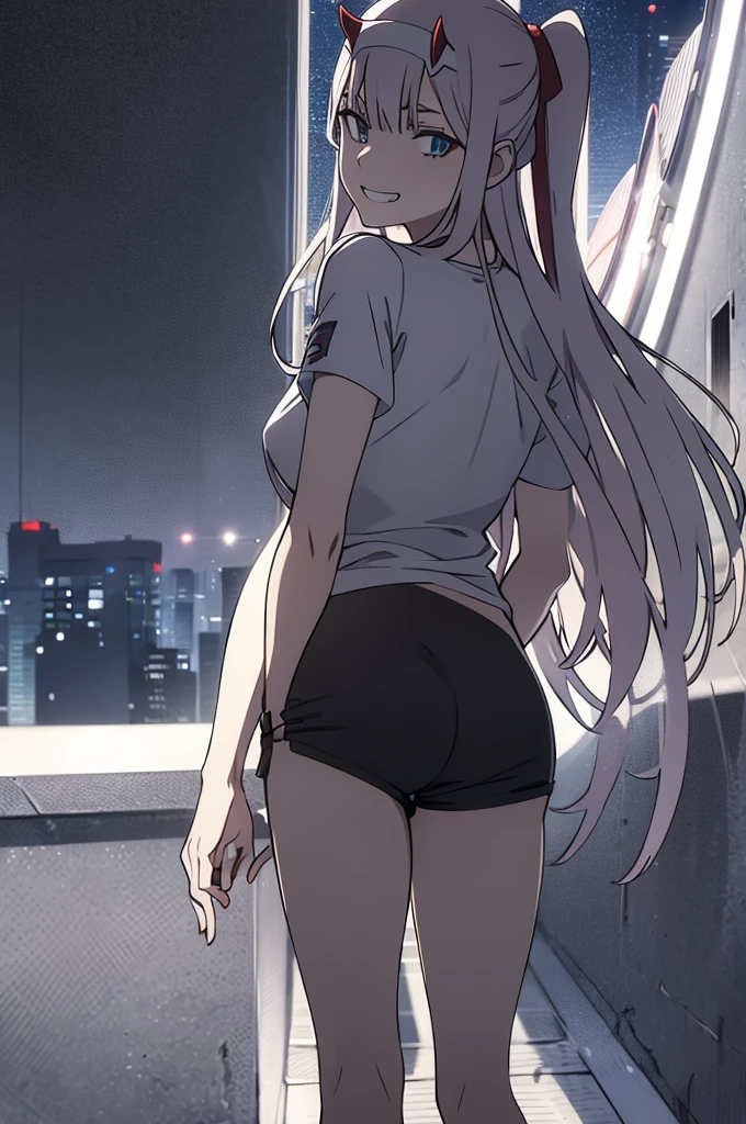 Zero two, 1girl, solo, long hair, fake horns, looking at viewer, smile, breasts, city background, butt, bare shoulders, teeth, tight shirt, short sleeves, closed mouth, black t-shirt, portrait, shorts, skin tight outfit, seductive, realistic, best quality, masterpiece, ultra detail, ultra high res, extreme detail, 8k, uhd, detailed