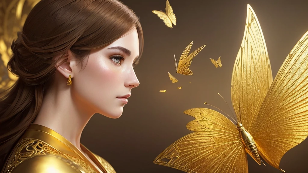 The whole body is golden, Beautiful gold 8K portrait with brown hair, Complex, elegant, very detailed, majestic, digital photography, artgerm、ruan jia、Art by greg Rutkowski、surrealistic painting、gold butterfly filigree, heart-shaped shard, (masterpiece, side light, Beautiful detailed eyes: 1.2), HDR,The background is gold heaven
