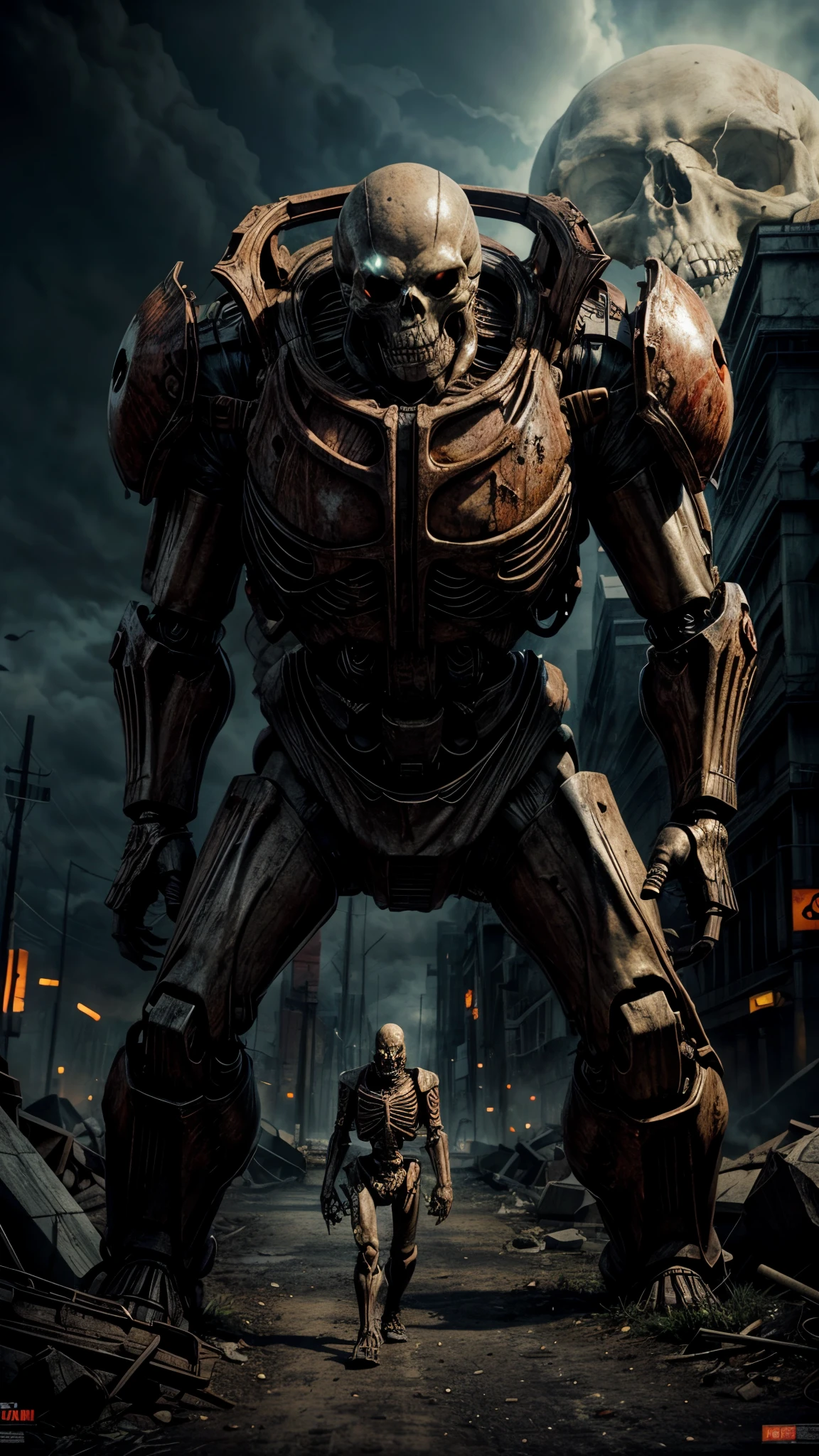 giant biological mutant zombie, alien mecha, skeleton face, giant skeleton, body all, anime art, war atmosphere.