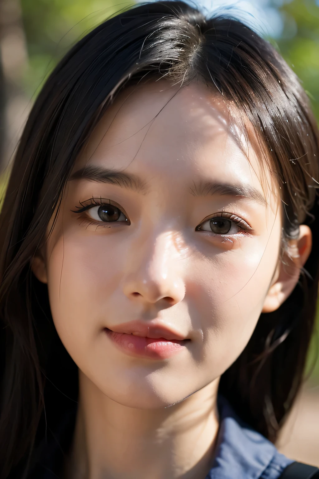 a perfect well-lit (closeup:1.15) (medium shot portrait:0.6) photograph of a beautiful woman standing on the hiking trail, wearing an intriguing outfit, looking at me, coy slight smile
