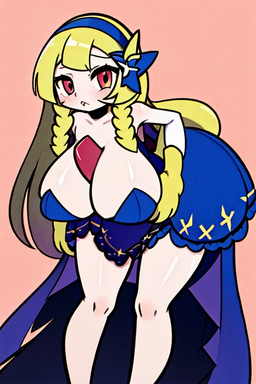 high quality, masterpiece, facing forward, big tits, thick thighs, leaning forward, bent over, hands on face, pout, pouty face, puffy face cheeks, aalillie, long hair, braid, hairband, hair ornament, hair flower, bare shoulders, blue dress, sleeveless, elbow gloves, white gloves, gardevoir