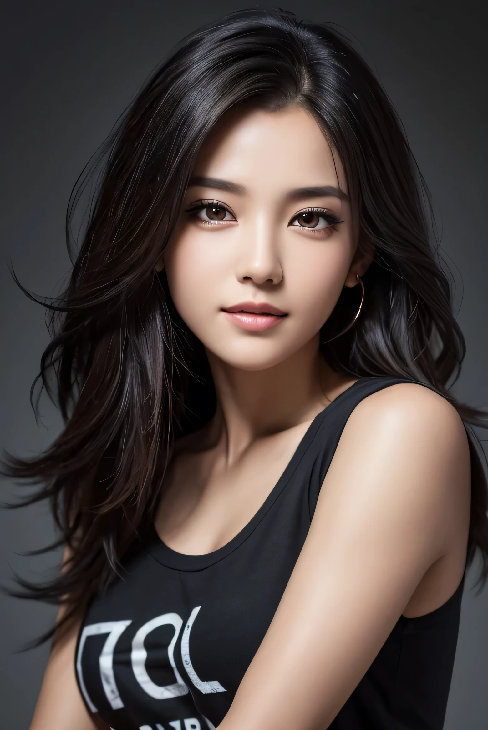 table top, highest quality, realistic, Super detailed, finely, High resolution, 8k wallpaper, 1 beautiful woman,, black messy hair, wearing a t-shirt, sharp focus, perfect dynamic composition, beautiful and detailed eyes, thin hair, Detailed realistic skin texture, smile, close-up portrait, model body shape