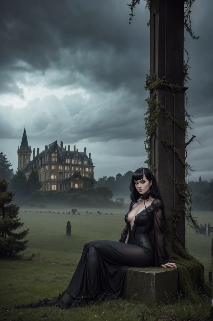 onlyfans vintagenatural goth nude girl sitting on gravesmall natural breastssilhouetteovercast, heavy ominous storm clouds, creepy mist, fog, haze, after rain,raven, ghostly spectre apparition, ((grand ominous manor house on a hill in background)), dead grass, dead tree,night 