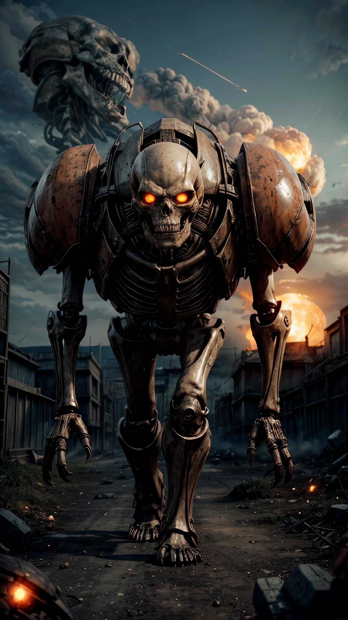 a close up of a person standing in front of a large skeleton, cyberpunk skeleton, apocalyptic art, epic fantasy sci fi illustration, giant robot bones, towering giant made of zombies, concept art for movies, eerie nostalgic concept art, epic digital concept art, concept arts, by Shen Zhou, apocalypse art, award winning concept art, epic video game art