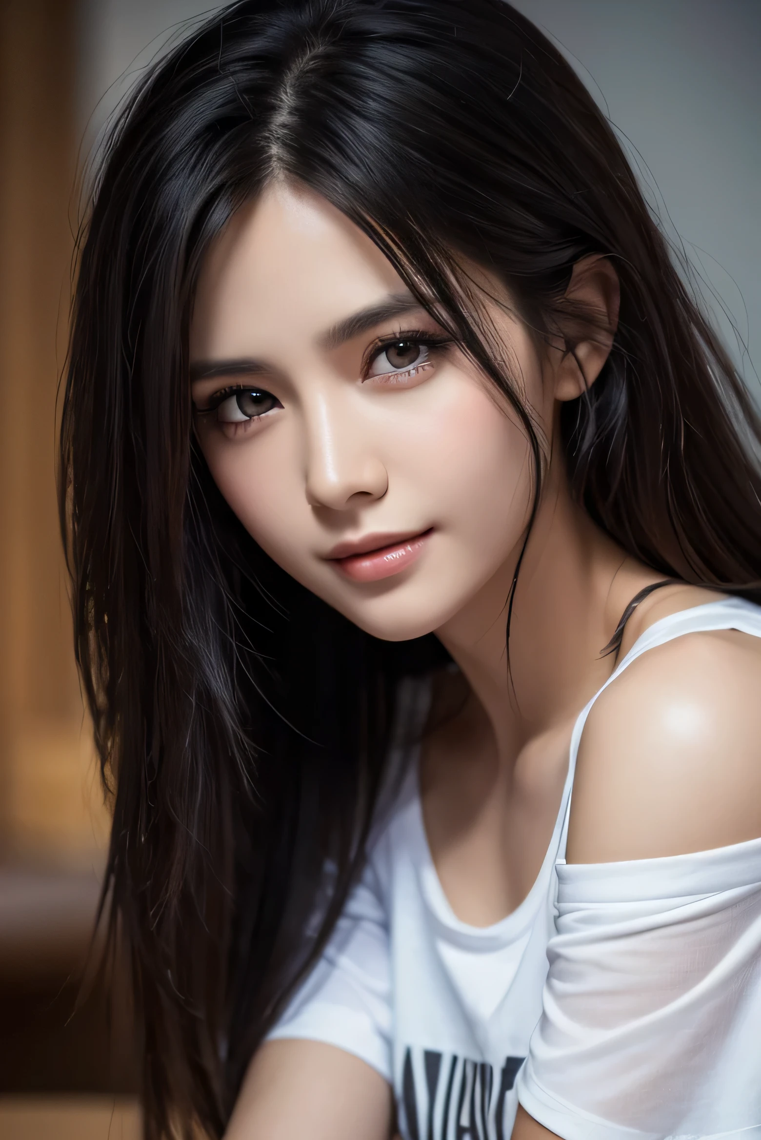 table top, highest quality, realistic, Super detailed, finely, High resolution, 8k wallpaper, 1 beautiful woman,, black messy hair, wearing a t-shirt, sharp focus, perfect dynamic composition, beautiful and detailed eyes, thin hair, Detailed realistic skin texture, smile, close-up portrait, model body shape