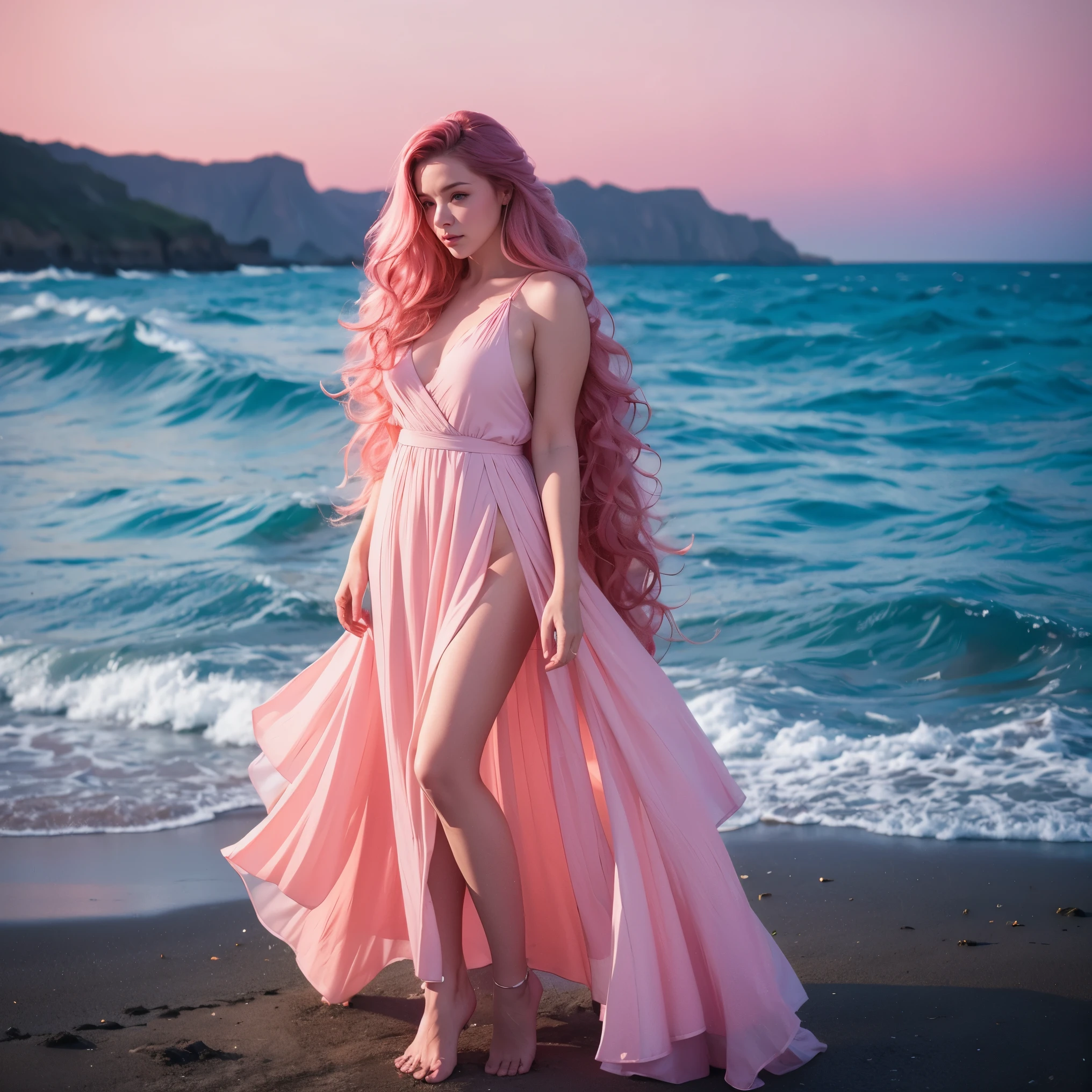 Woman, long curly hair, pink hair, standing, thoughtful, looking at the view, from the coast, full body , Night, alone