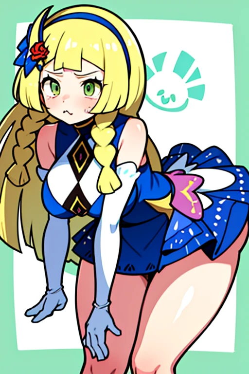 high quality, masterpiece, facing forward, big tits, thick thighs, leaning forward, bent over, hands on face, pout, pouty face, puffy face cheeks, aalillie, long hair, braid, hairband, hair ornament, hair flower, bare shoulders, blue dress, sleeveless, elbow gloves, white gloves, gardevoir