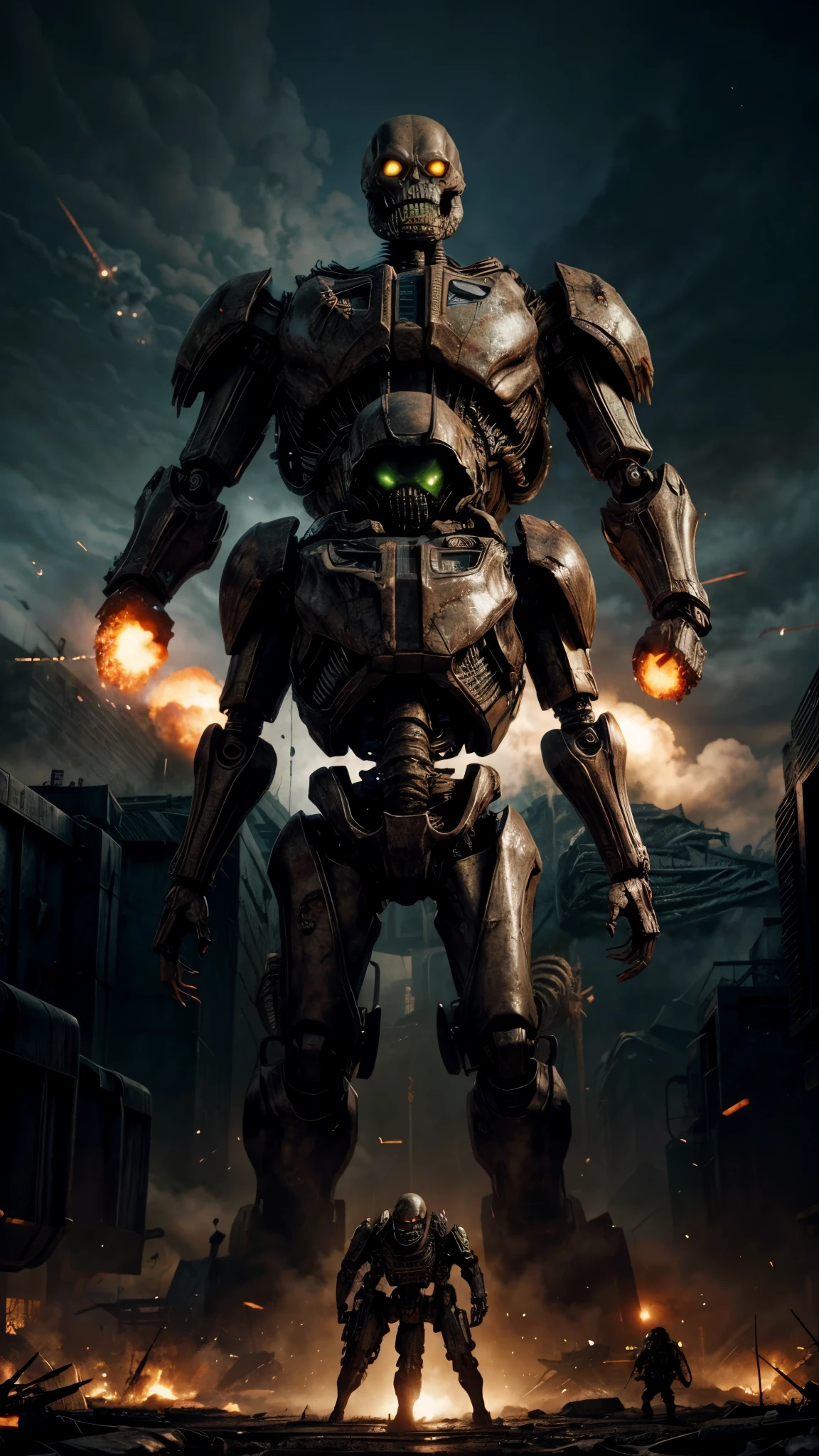 giant biological mutant zombie, alien mecha, skeleton face, giant skeleton, body all, armies at war, alien war machines, anime art, alien war atmosphere.