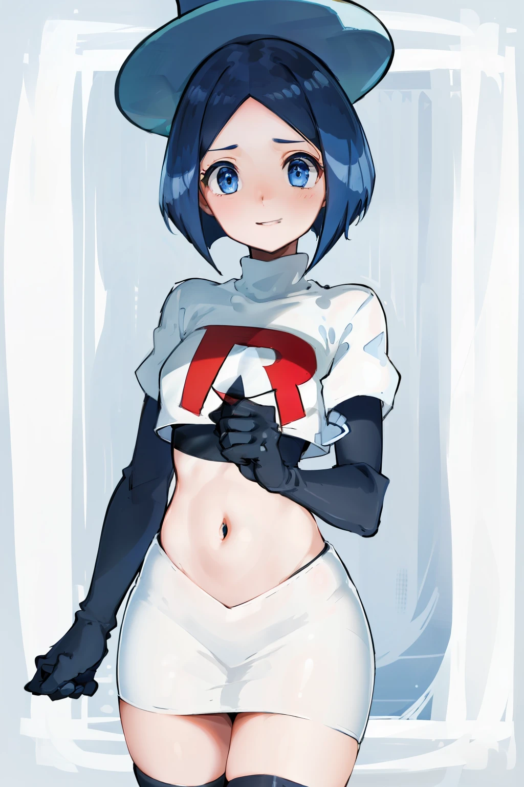 masterpiece,best quality,highres,ultra-detailed,aaevelyn,eyelashes,blue eyes,blue hair,short hair,middle part,top hat,cowboy shot, team rocket,team rocket uniform, red letter R, white skirt,white crop top,black thigh-highs,black elbow gloves