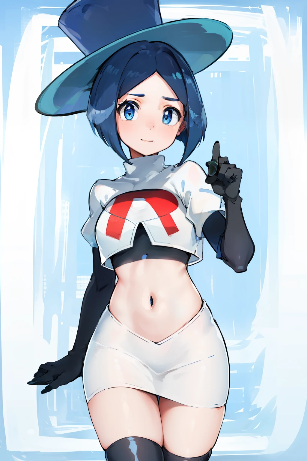 masterpiece,best quality,highres,ultra-detailed,aaevelyn,eyelashes,blue eyes,blue hair,short hair,middle part,top hat,cowboy shot, team rocket,team rocket uniform, red letter R, white skirt,white crop top,black thigh-highs,black elbow gloves