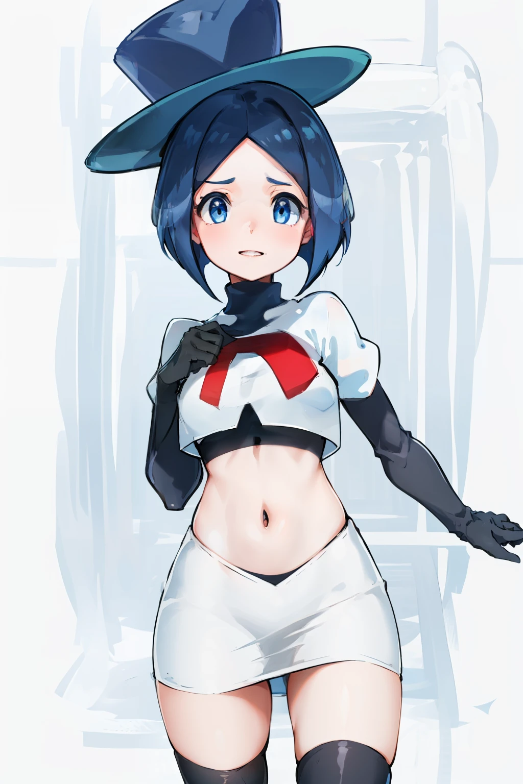 masterpiece,best quality,highres,ultra-detailed,aaevelyn,eyelashes,blue eyes,blue hair,short hair,middle part,top hat,cowboy shot, team rocket,team rocket uniform, red letter R, white skirt,white crop top,black thigh-highs,black elbow gloves