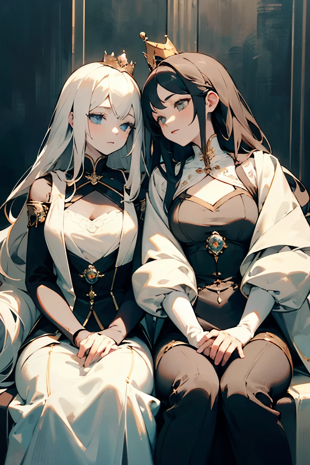 Two girls sitting side by side,A girl wears a crown and looks dignified,The other one is plainly dressed without a crown and looks pale.。((best quality)), ((masterpiece)), (detailed), perfect face