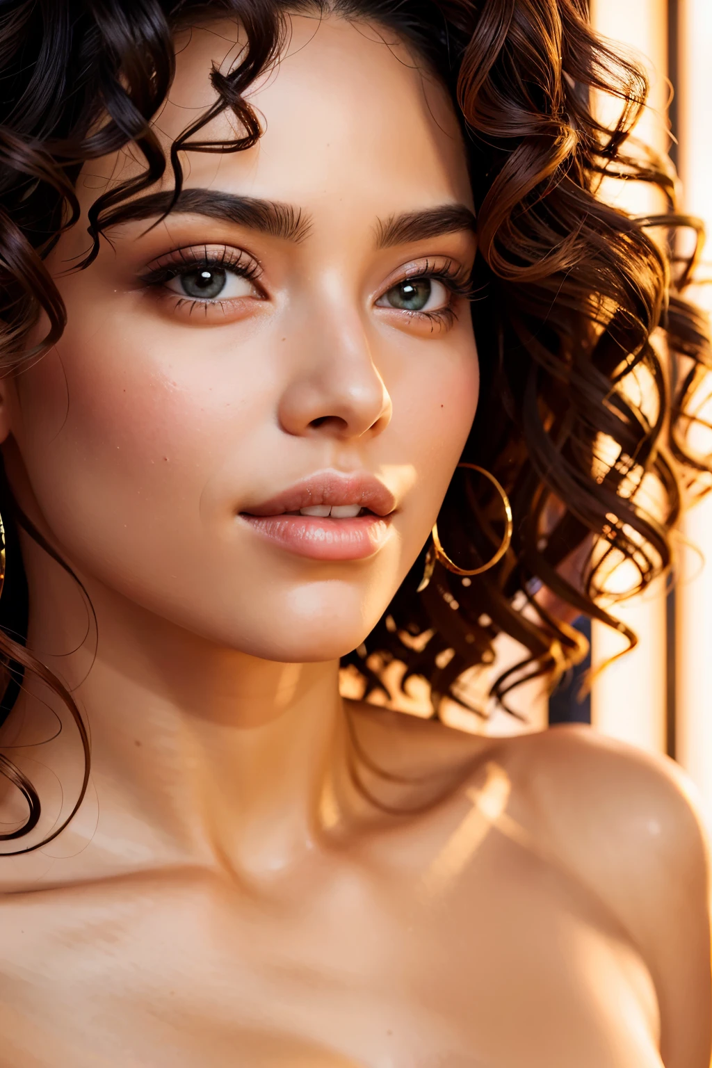 A close-up portrait shot capturing the beauty of a woman with a mesmerizing Latin-inspired appearance. Her distinct features include porcelain light skin, luscious curly hair that cascades around her face, and a slender build that exudes elegance. This masterpiece of a photograph seamlessly blends modern aesthetics with the rich tapestry of Latin cultural influences. The raw photo, captured in stunning 8k resolution, showcases every intricate detail with unrivaled clarity. The photorealistic rendering brings her captivating beauty to life, emphasizing her enchanting eyes, beautiful lips, and flawlessly smooth skin. The depth of field adds a cinematic touch, allowing the viewer to focus on her striking features while the lens flare and ray tracing technique infuse the image with a soft and