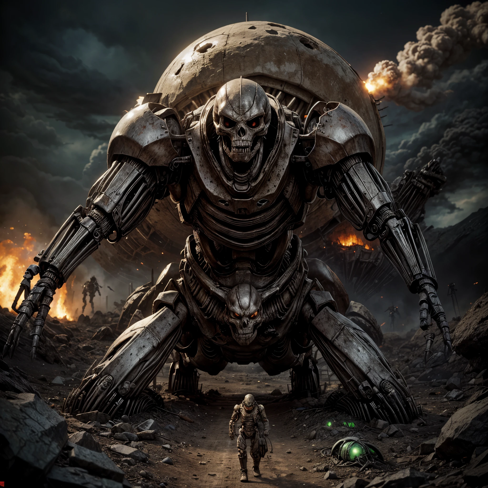 giant biological mutant zombie, alien mecha, skeleton face, giant skeleton, body all, armies at war, alien war machines, anime art, alien war atmosphere.